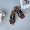 Guốc 5cm gót trụ mũi vuông quai khuyết phối dây ngang khóa - MS: G5-85014