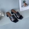 Guốc 5cm gót trụ mũi vuông quai khuyết phối dây ngang khóa - MS: G5-85014