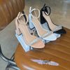 Sandal 7cm gót trụ mũi tròn quai ngang đính đá hậu bít - MS: S7-23019