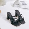 Guốc 8cm gót trụ xéo mũi vuông quai ngang thắt bình phối 2 quai chéo - MS: G8-85008
