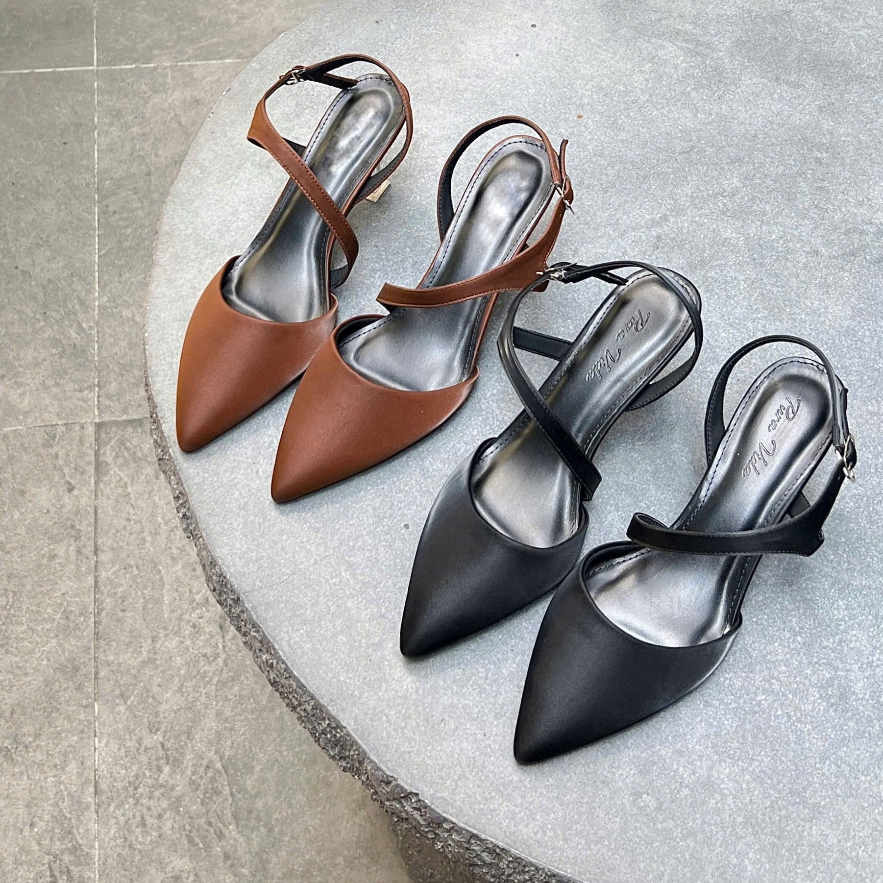 Cao gót 7cm gót mika mũi nhọn phối quai chéo hậu hở khóa - MS: C7-10031