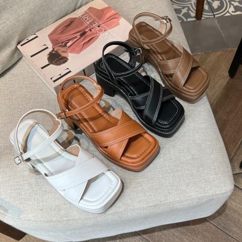  Sandal 8cm gót trụ mũi vuông 2 quai chéo may chỉ - MS: S8-58001 