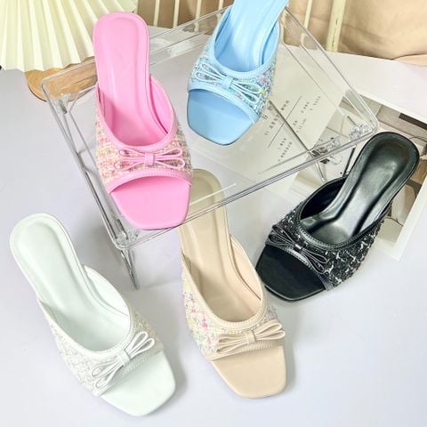  Guốc 7cm gót tròn nhỏ mũi vuông quai ngang khuyết giữa vải tweed - MS: G7-64003 