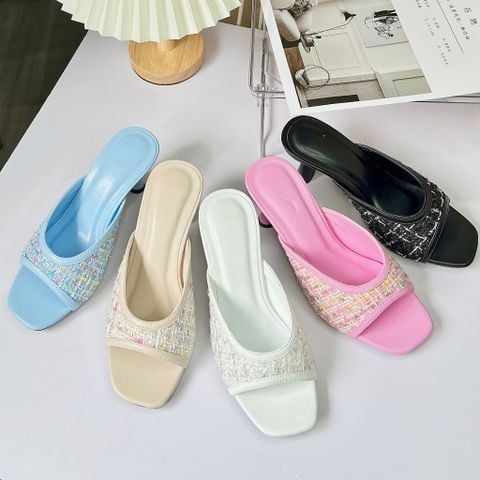  Guốc 7cm gót tròn nhỏ mũi vuông quai ngang khuyết giữa vải tweed - MS: G7-64003 