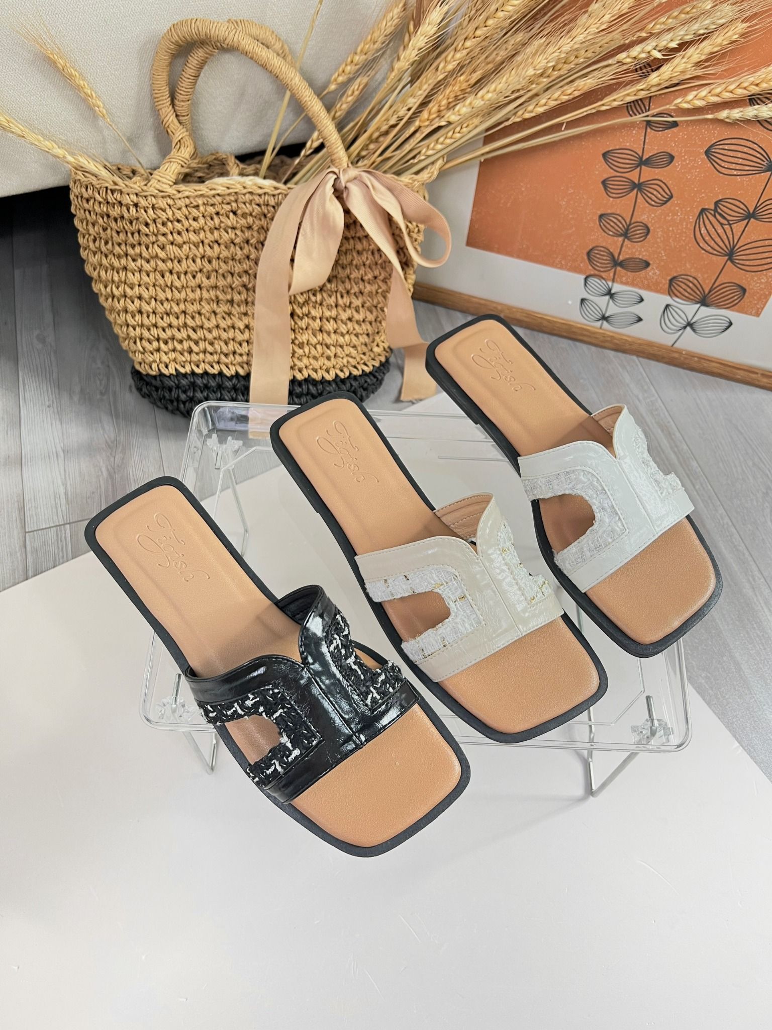 Dép xẹp mũi vuông qua chữ H phối vải Tweed - MS: DX-25056