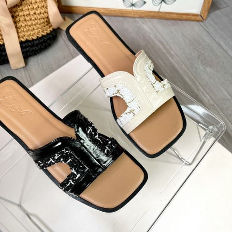  Dép xẹp mũi vuông qua chữ H phối vải Tweed - MS: DX-25056 