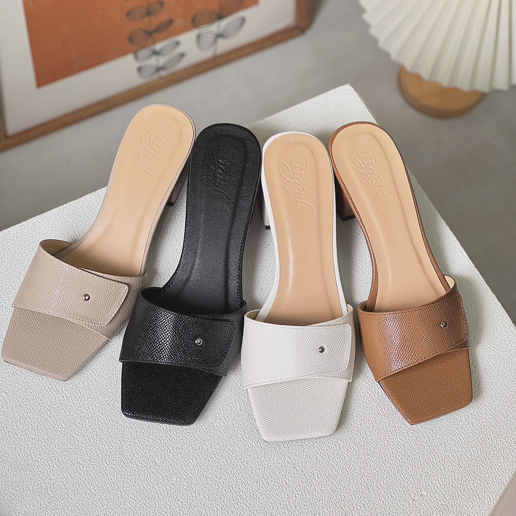 Guốc 5cm gót trụ mũi vuông quai ngang tán đinh- MS: G5-23025