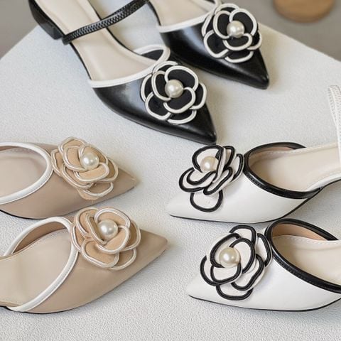  Cao gót 1cm mũi nhọn đính hoa viền màu hậu hở thun - MS: C1-10008 