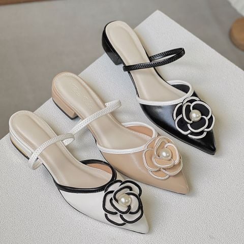  Cao gót 1cm mũi nhọn đính hoa viền màu hậu hở thun - MS: C1-10008 