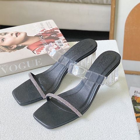  Guốc 5cm gót mika mũi vuông quai ngang đính đá phối quai mika - MS: G5-23027 