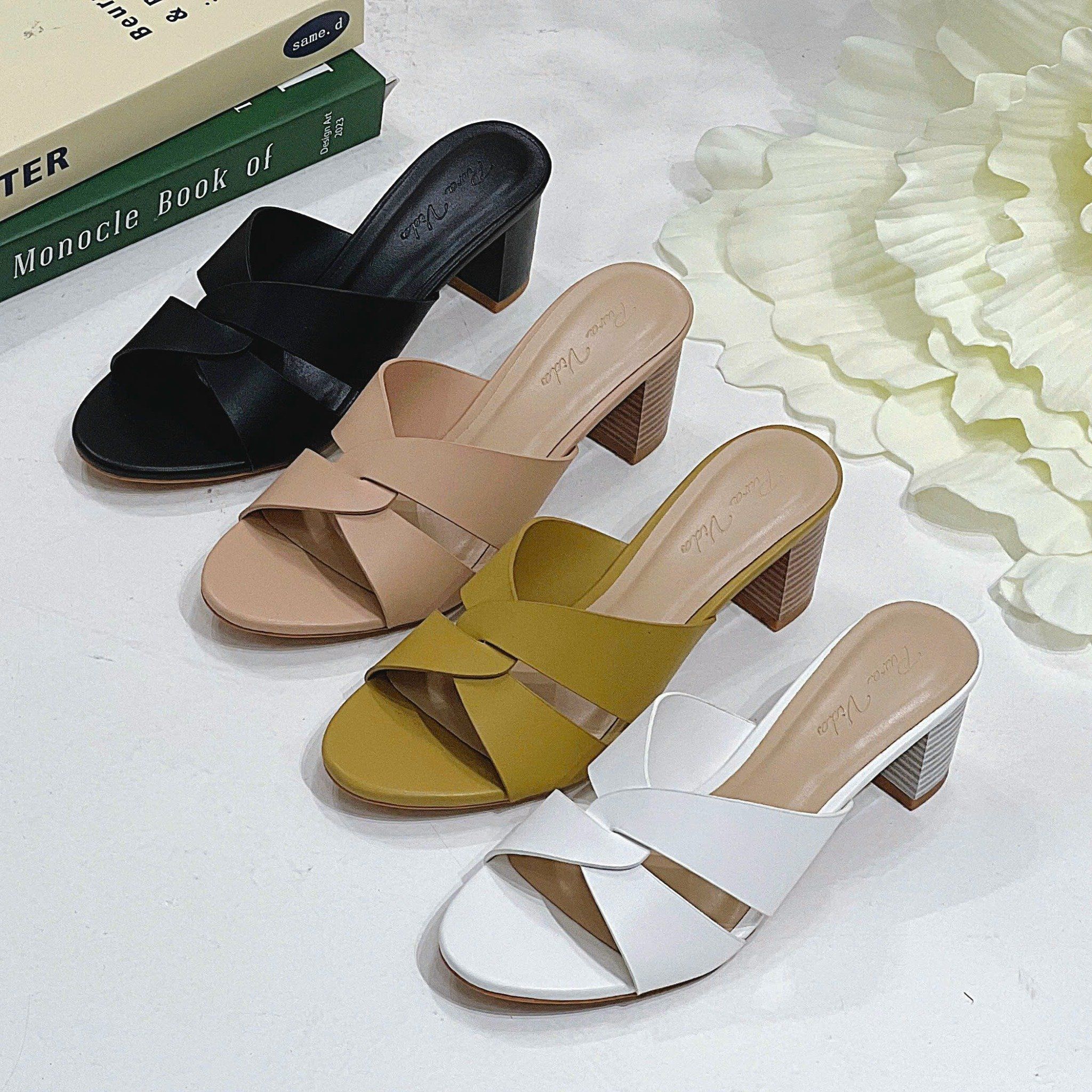 Guốc 5p gót trụ vân gỗ mũi tròn 2 quai lồng- MS: G5-85003