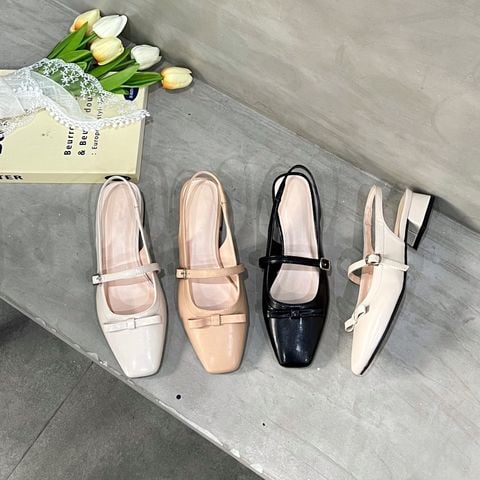  Cao gót 4cm gót xéo mũi vuông nhỏ phối nơ quai ngang hậu thun - MS: C4-22016 