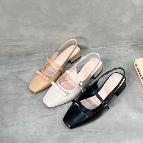  Cao gót 4cm gót xéo mũi vuông nhỏ phối nơ quai ngang hậu thun - MS: C4-22016 