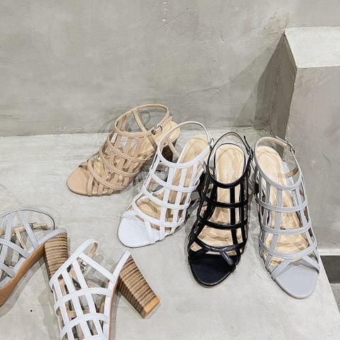  Sandal 7cm gót trụ vân gỗ mũi tròn quai đan lưới - MS: S7-85001 