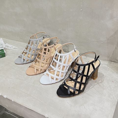  Sandal 7cm gót trụ vân gỗ mũi tròn quai đan lưới - MS: S7-85001 