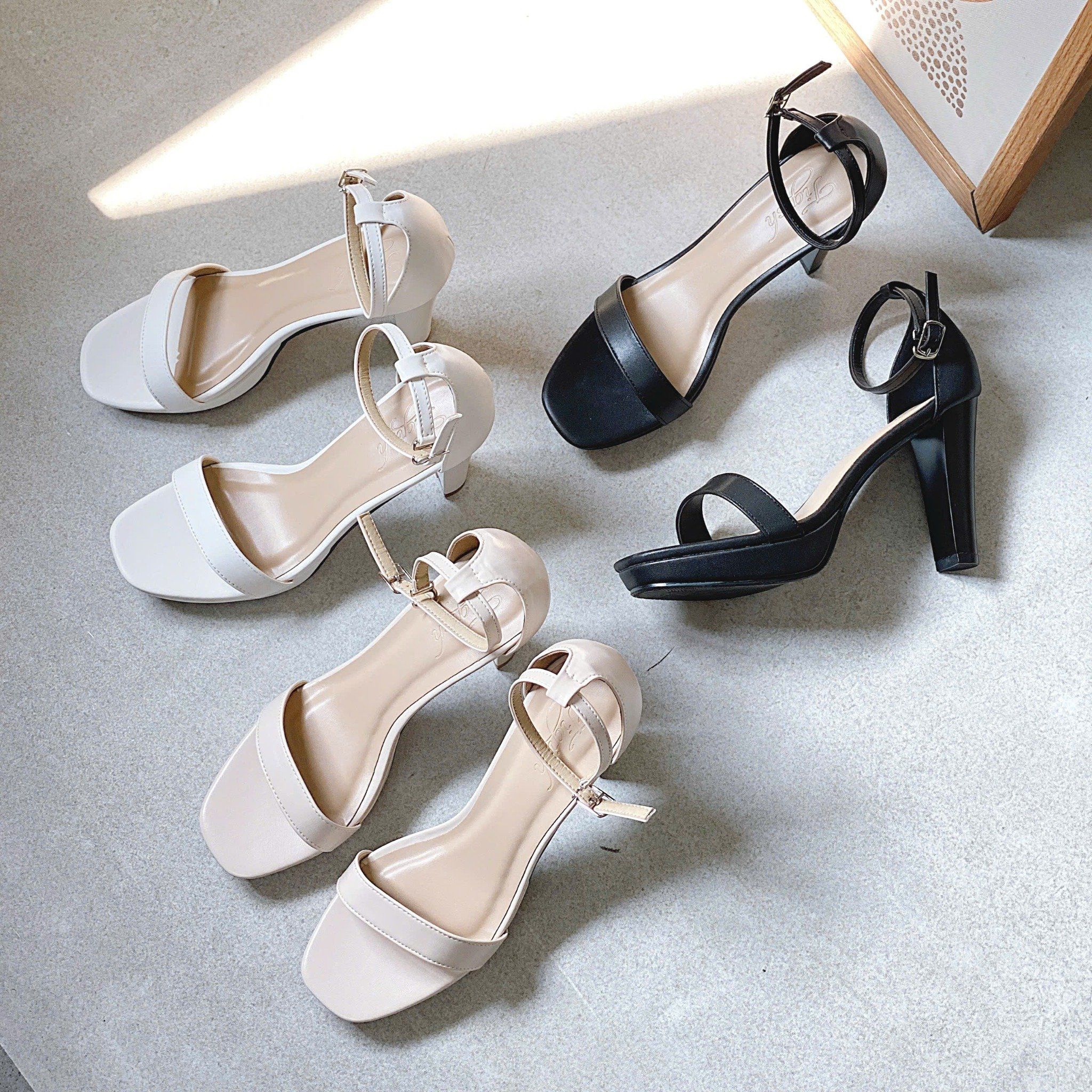 Sandal 10cm gót trụ mũi vuông nhỏ đúp mũi quai ngang hậu bít- MS: S10-23020