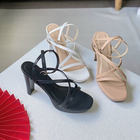  Sandal 10p gót trụ mũi vuông nhỏ đúp mũi 3 quai mảnh ngang chéo - MS: S10-23021 