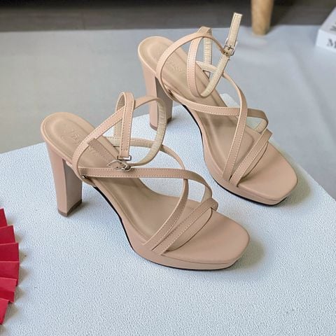  Sandal 10p gót trụ mũi vuông nhỏ đúp mũi 3 quai mảnh ngang chéo - MS: S10-23021 