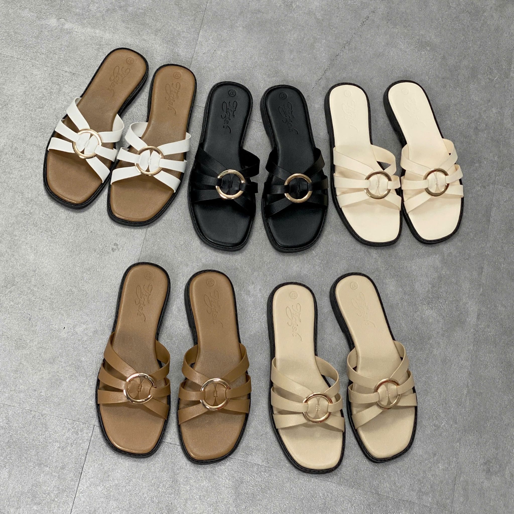 Dép xẹp mũi vuông nhỏ 3 quai nối khóa tròn giữa - MS: DX-25085