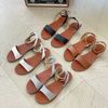 Sandal da mũi tròn quai ngang khuyết giữa viền chỉ talong da - MS: SX-01089