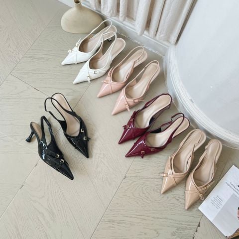  Cao gót 7cm gót hoa mũi nhọn phối 2 quai chéo khóa hậu hở thun - MS: C7-89001 