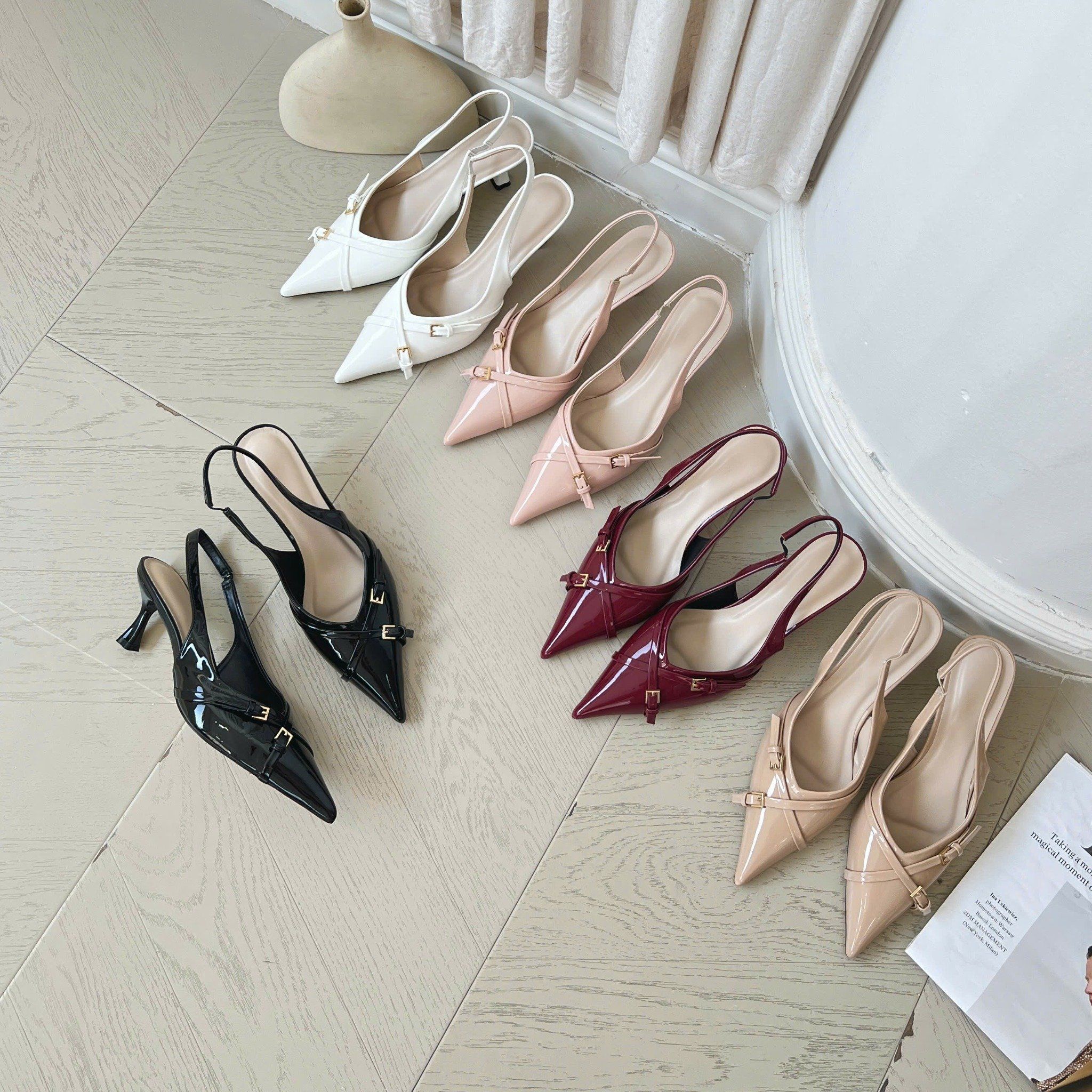 Cao gót 7cm gót hoa mũi nhọn phối 2 quai chéo khóa hậu hở thun - MS: C7-89001