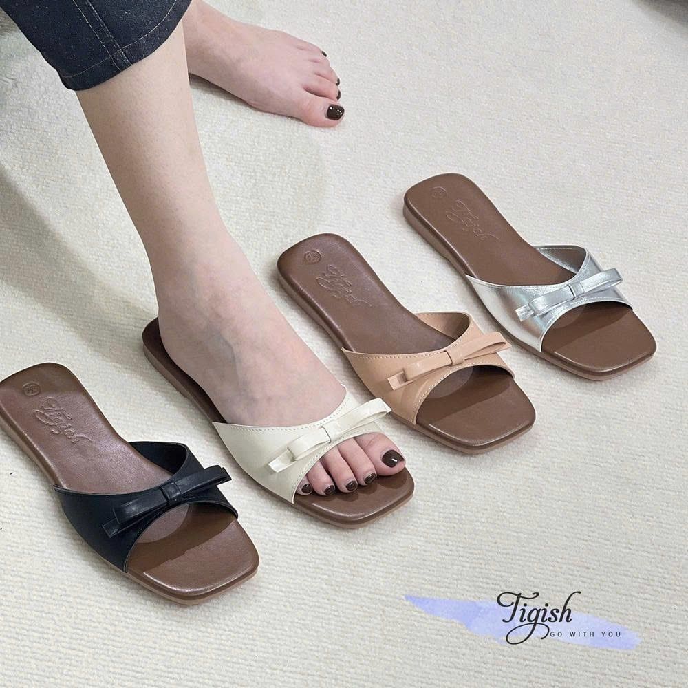 Dép xẹp mũi vuông quai ngang khuyết giữa gắn nơ - MS: DX-63063