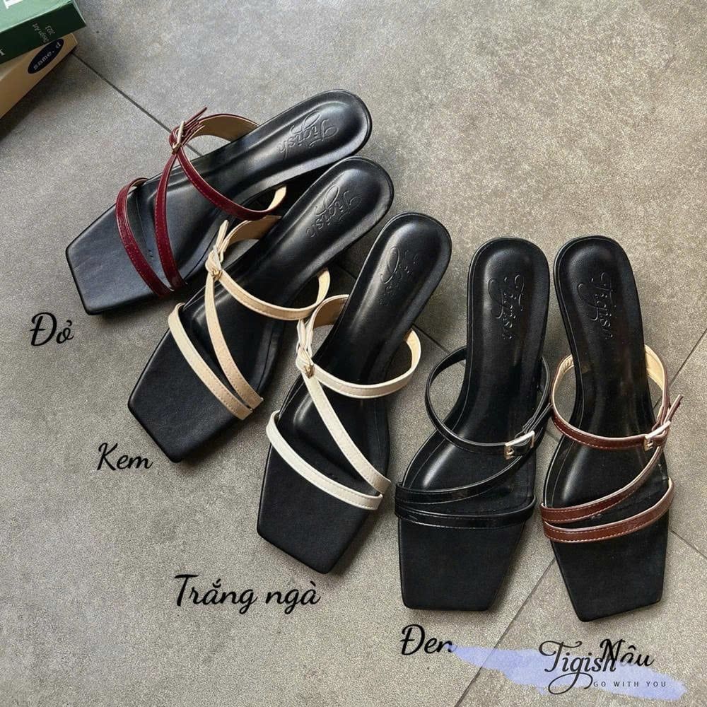 Xuồng 5cm gót cách điệu mũi vuông ba quai mảnh chéo - MS: X5-23019