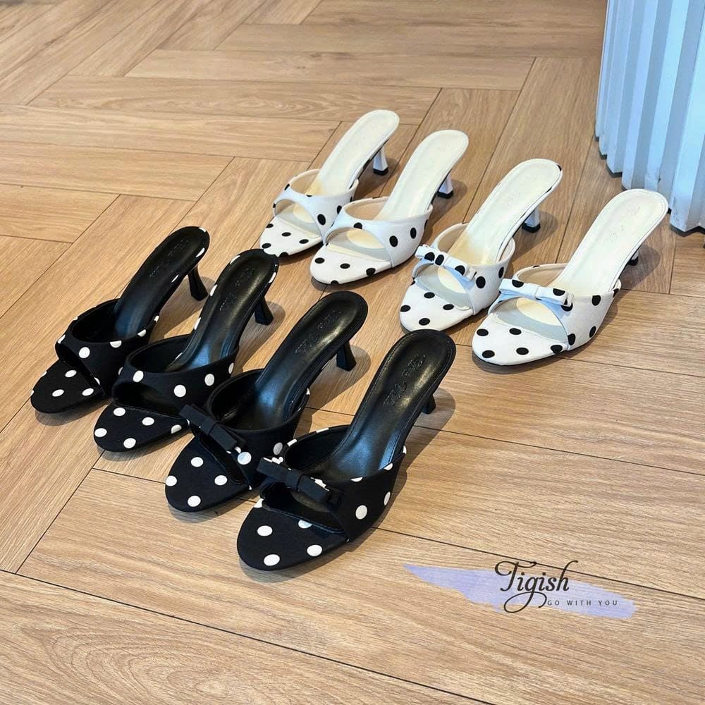 Guốc 7cm gót nhọn mũi tròn quai ngang mảnh họa tiết chấm bi - MS: G7-10007