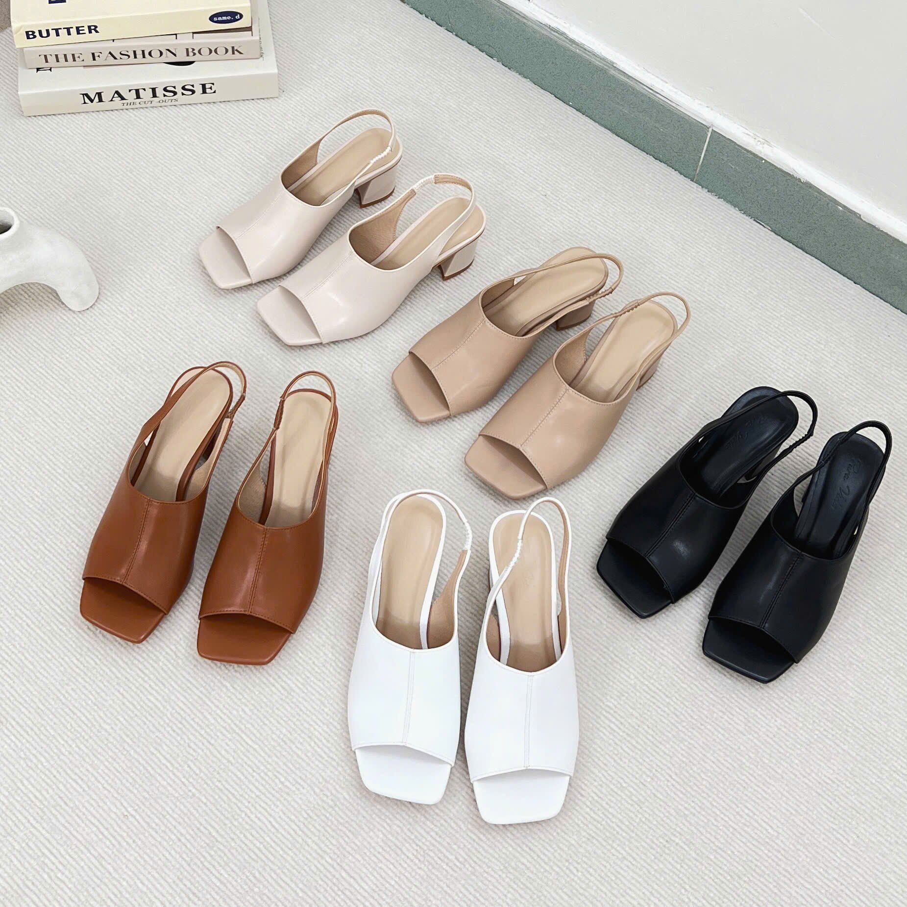 Sandal gót trụ mũi vuông bảng ngang lớn may chỉ giữa liền hậu thun- MS: S5-85002