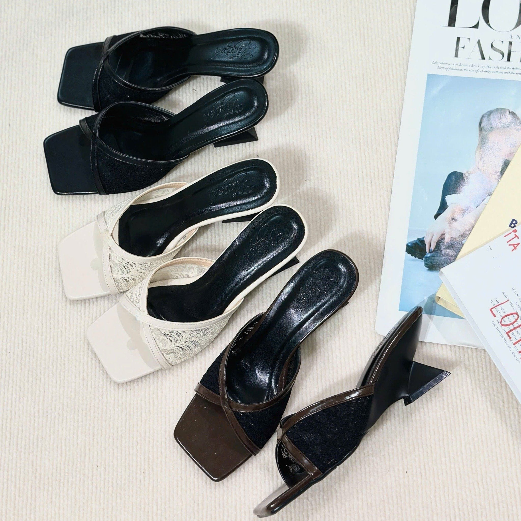 Xuồng 5p gót cách điệu mũi vuông quai ren viền si- MS: X5-23023