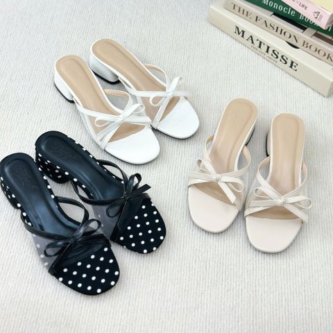  Guốc 4p gót trụ xéo mũi bầu quai lưới viền si gắn nơ- G4-23006 