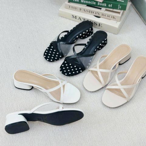  Guốc 4p gót trụ xéo mũi bầu quai lưới viền si- MS: G4-23005 