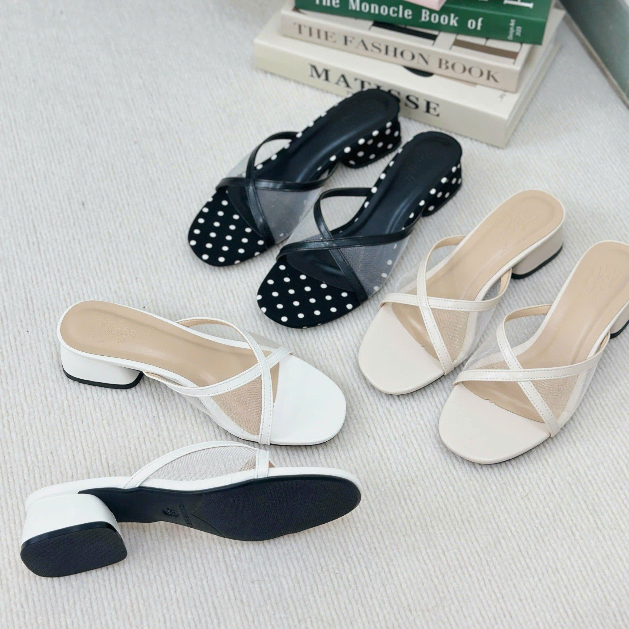 Guốc 4p gót trụ xéo mũi bầu quai lưới viền si- MS: G4-23005