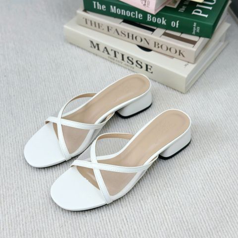  Guốc 4p gót trụ xéo mũi bầu quai lưới viền si- MS: G4-23005 