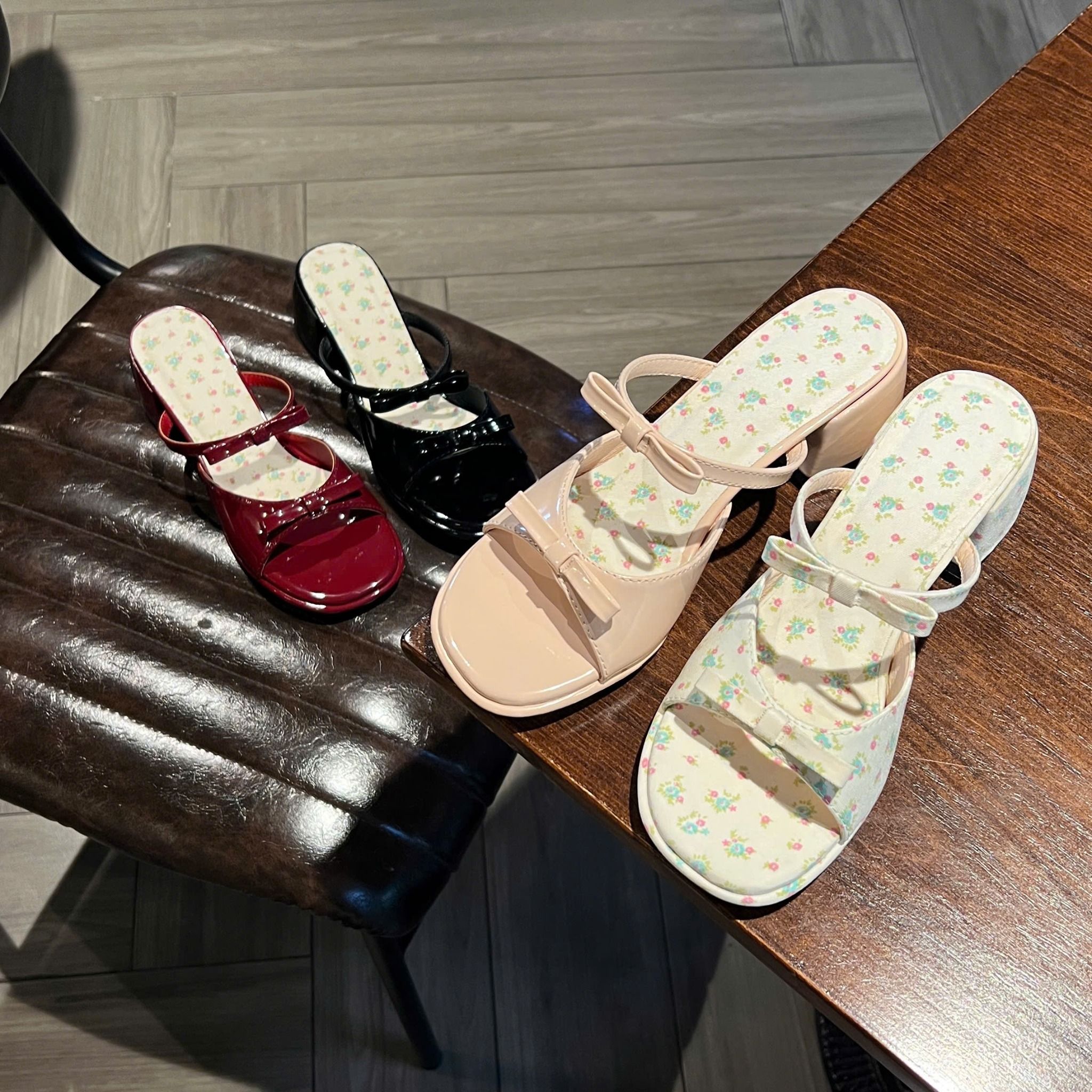 Guốc 5cm gót trụ mũi tròn 2 quai gắn nơ - MS: G5-71003