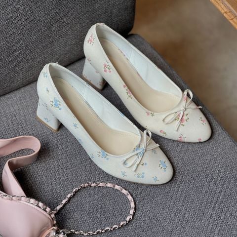  Cao gót 7cm gót trụ mũi bầu phối nơ nhí - MS: C7-75019 