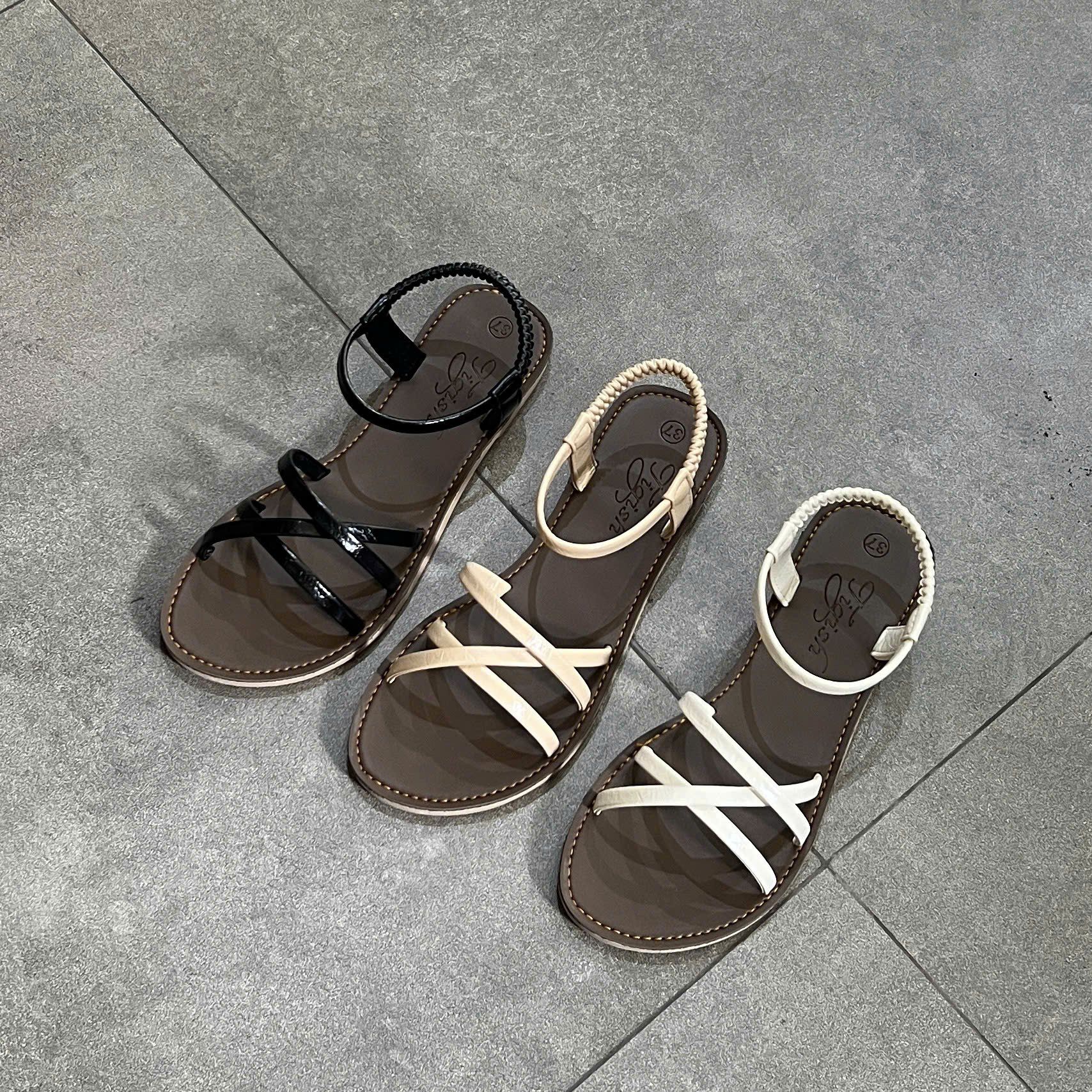 Sandal mũi tròn 3 quai đan chéo hậu thun - SX-63012