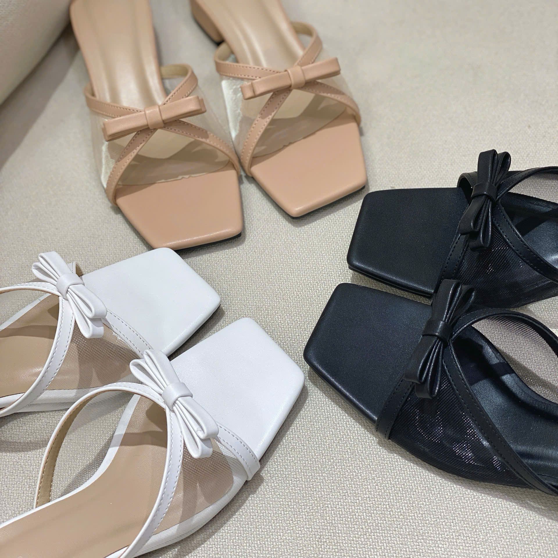 Guốc 4cm gót trụ mũi vuông quai lưới viền si phối nơ - MS: G4-23003