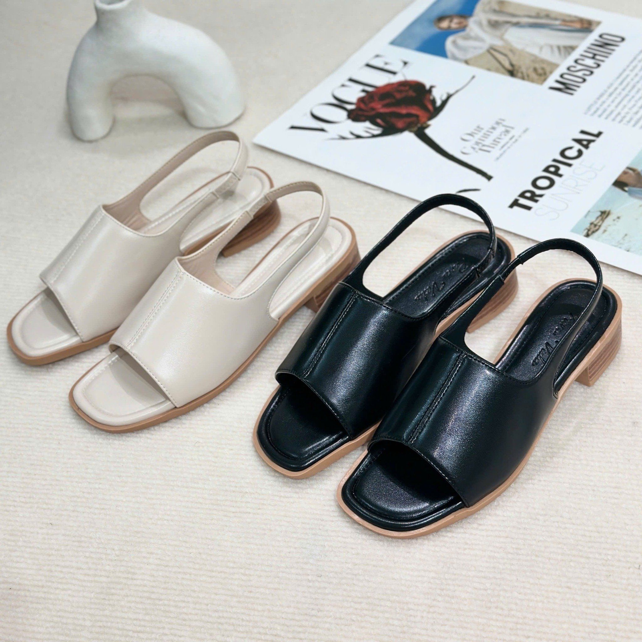 Sandal 3cm đế vân gỗ mũi vuông bảng ngang lớn liền hậu thun - S3-10004