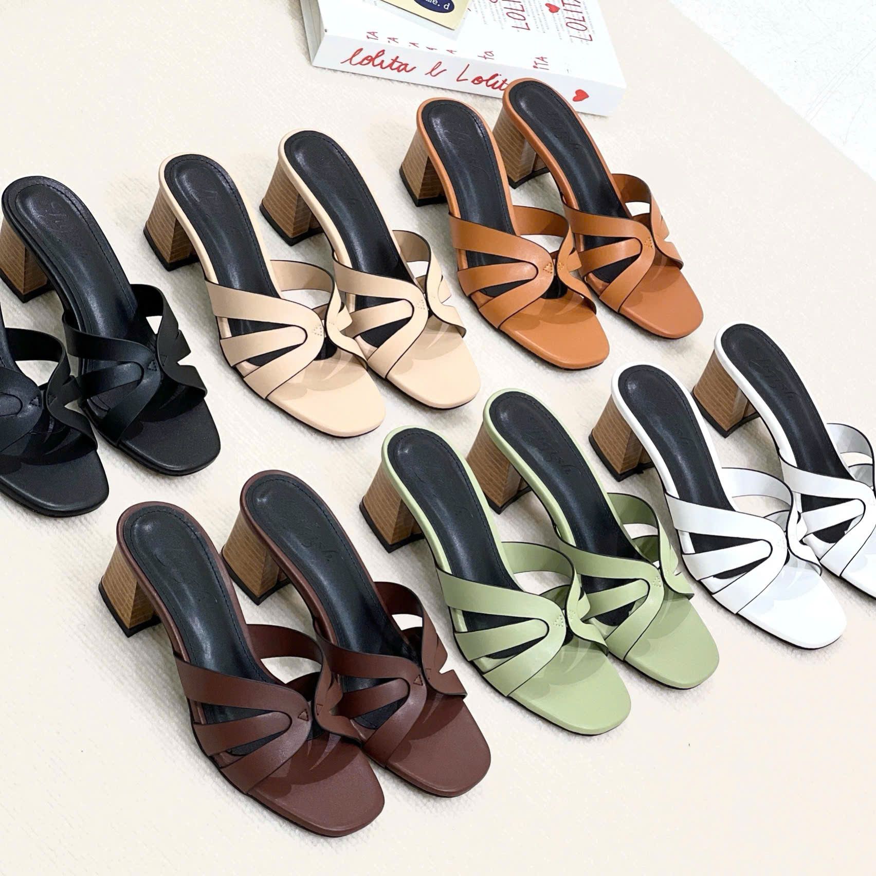 Guốc 5cm gót trụ sơn lăn gỗ mũi vuông 3 quai nối giữa - MS: G5-64003