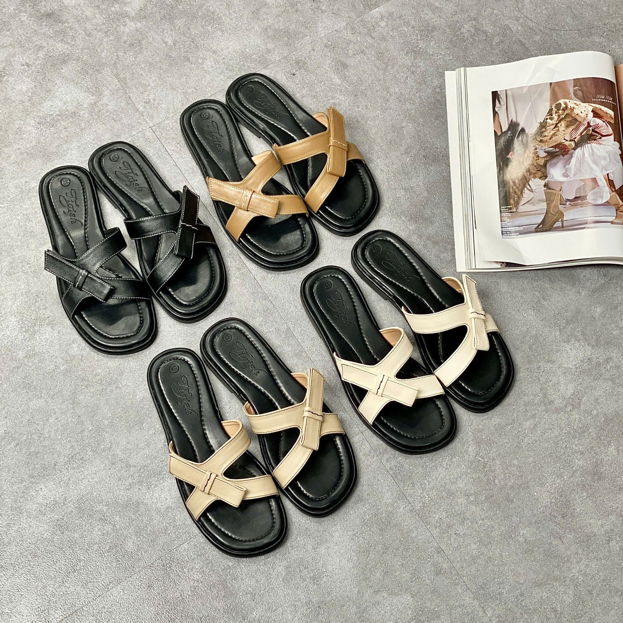 Dép xẹp mũi vuông quai khoét eo gắn nơ xéo - MS: DX-25094