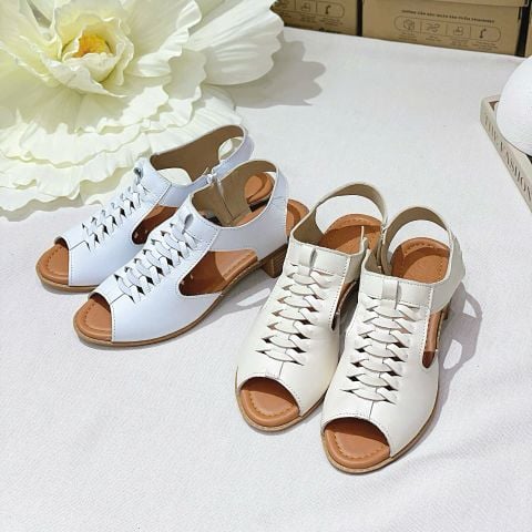  Sandal da 3p gót vuông vân gỗ mũi tròn quai khuyết eo đục lỗ-MS: S3-01011 