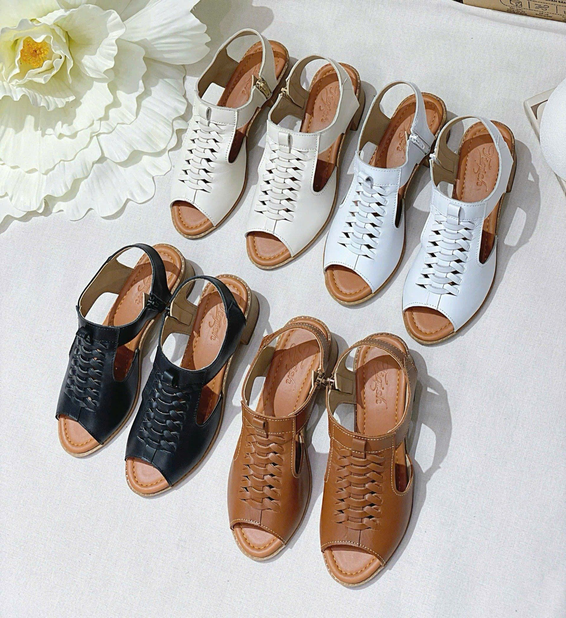 Sandal da 3p gót vuông vân gỗ mũi tròn quai khuyết eo đục lỗ-MS: S3-01011