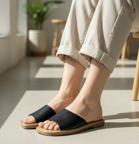  Dép xẹp mũi vuông quai ngang khuyết lệch da thật- MS: DX-01073 