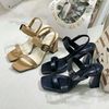 Sandal 7p gót xéo mũi vuông 2 quai ngang phối khóa -MS: S7-10004