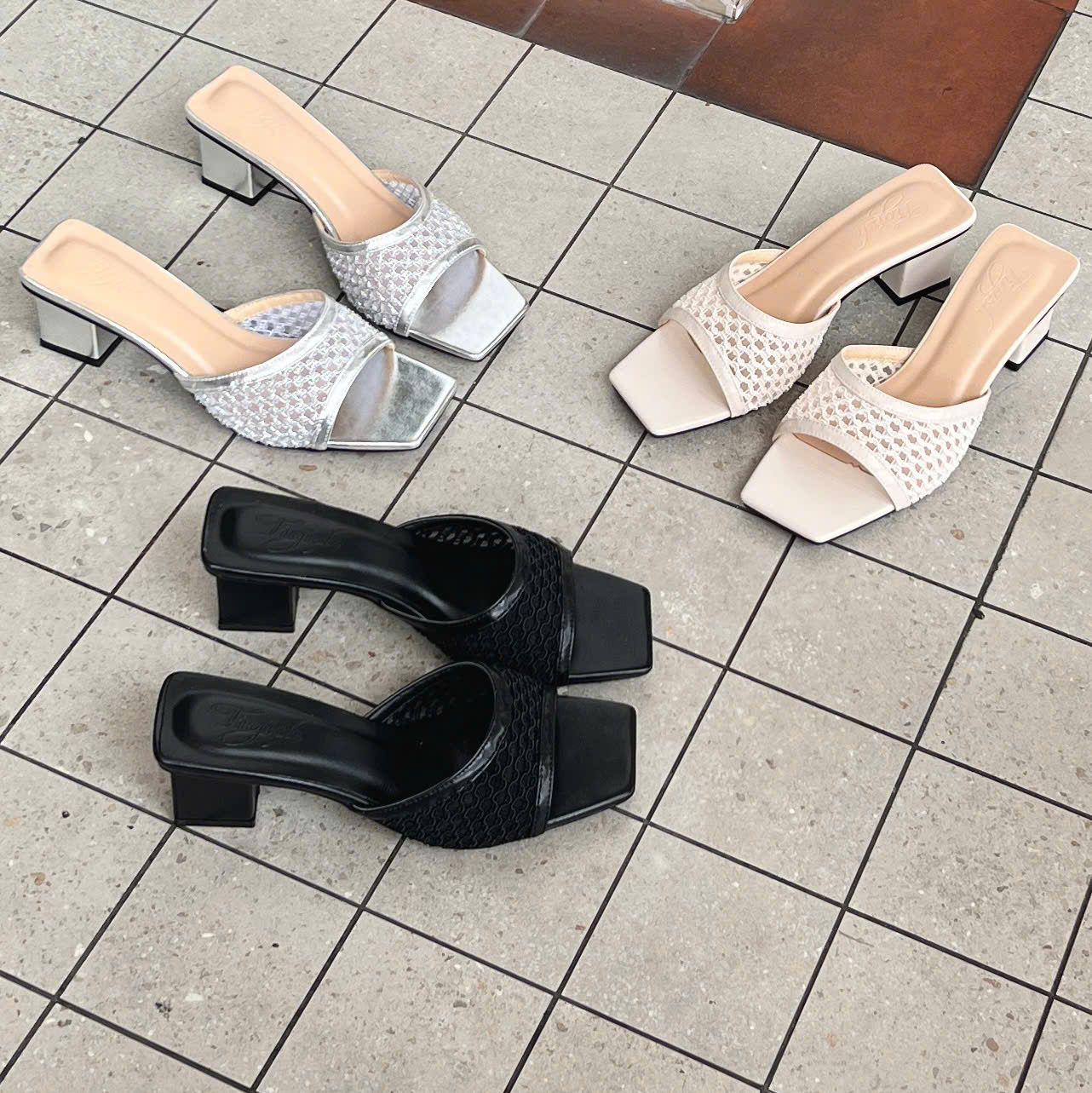 Guốc 5cm gót vuông mũi vuông quai ngang lưới viền si- MS: G5-23033