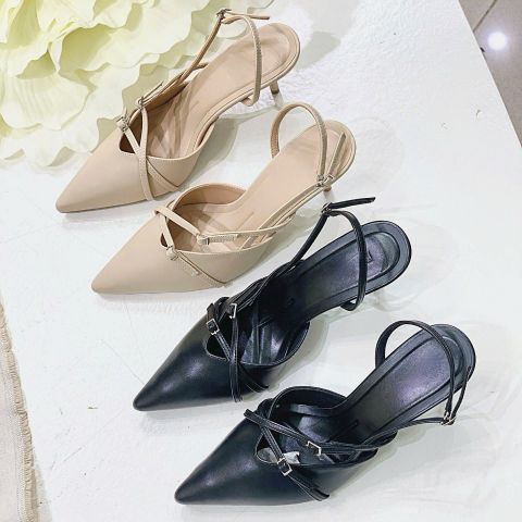  Cao gót 7cm gót nhọn mũi nhọn phối 2 dây mảnh khóa hậu hở khóa - MS: C7-75012 