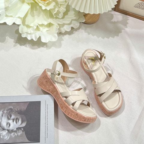  Sandal 5CM đế xuồng giả vân gỗ mũi tròn 2 quai lồng-MS: S5-84001 