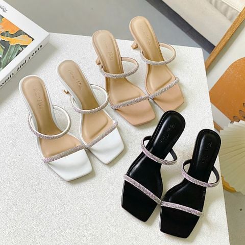  Guốc 7cm gót nhọn mũi vuông 2 quai ngang đính đá - MS: G7-85003 